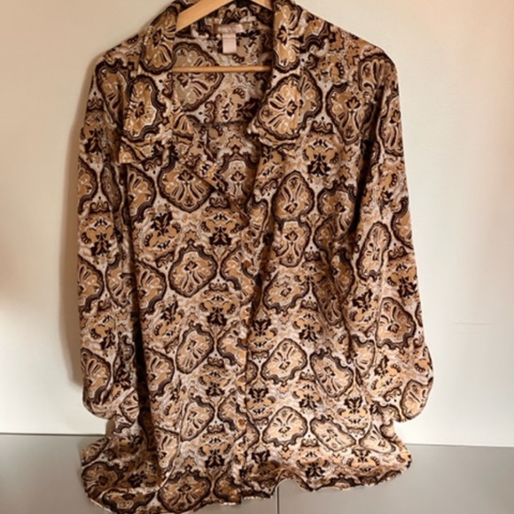 Vintage oversized shirt blouse in tones one brown and beige with prints - Picture 1 of 4